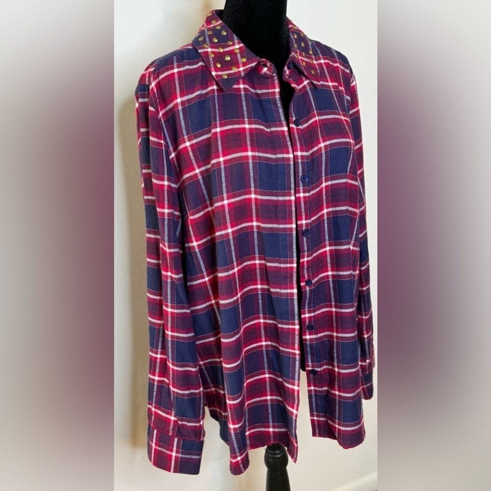 Michael Kors Red & Blue soft plaid flannel shirt studded western collar XL EUC